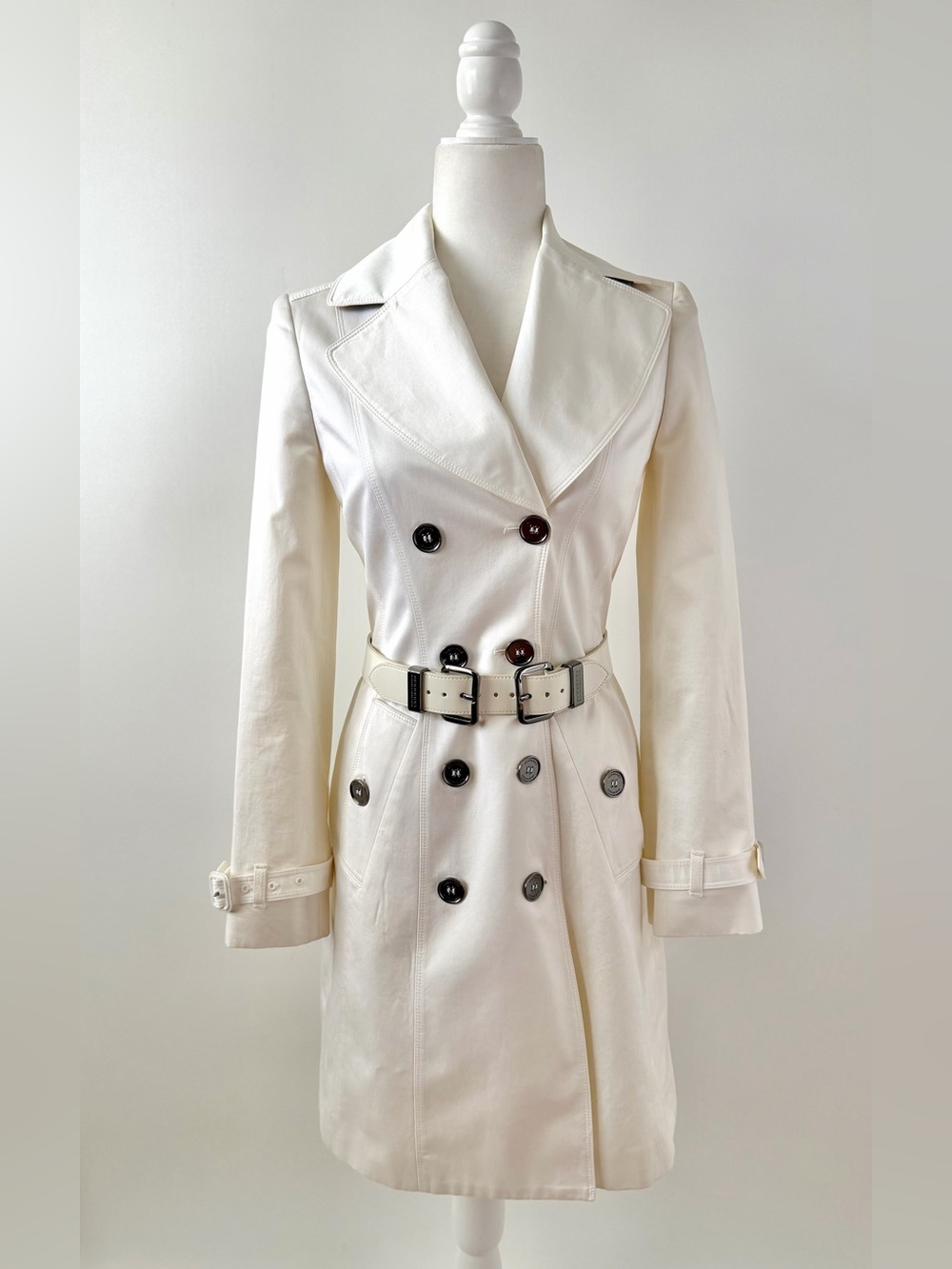 BURBERRY | Brit White Slim Fit Double Breasted Belted Trench Coat US 2 UK 4 - Picture 2 of 16
